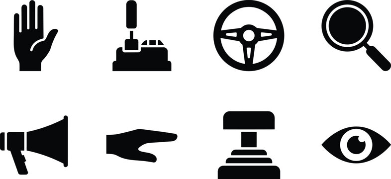 Manual control and monitoring solid black icon set with steering wheel, gear stick, hand, and eye