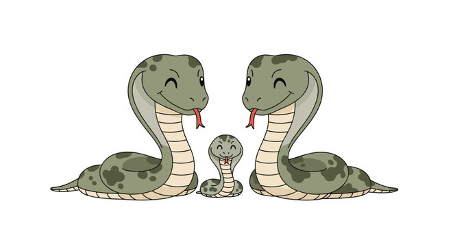 Cute family of three cartoon cobras with two parents and a small child snake smiling together in a friendly wildlife illustration.