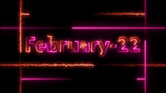 Abstract Neon February 22 calendar date Animation 4k video. Neon bright 22 February date text magenta red color animation. Suitable for event promotion, important.