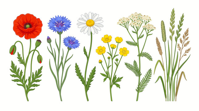 Botanical Illustration Set of European Meadow Wildflowers and Grasses