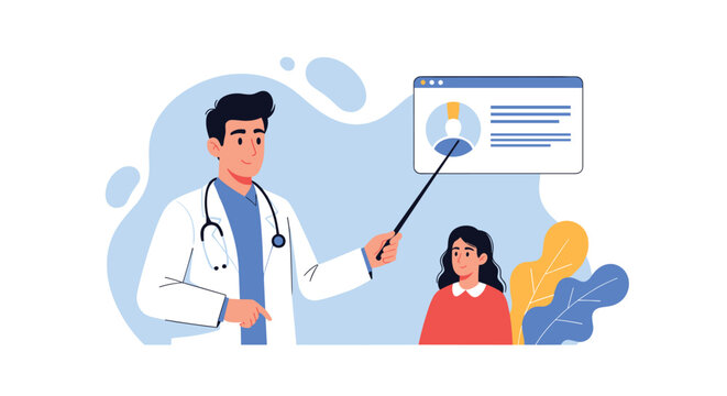 Male doctor uses a pointing stick to show a patient profile on a digital screen while a young woman looks on attentively.