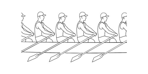 A team of rowers rowing together in a long boat during a professional rowing competition event line art illustration Vector, illustration © Continues One Line D