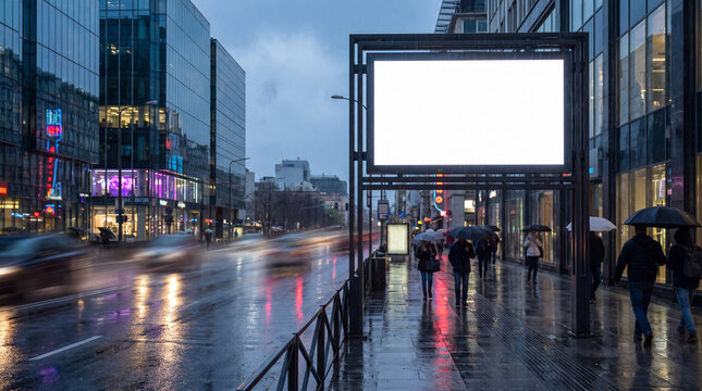 Street with advertising billboard in rainy weather