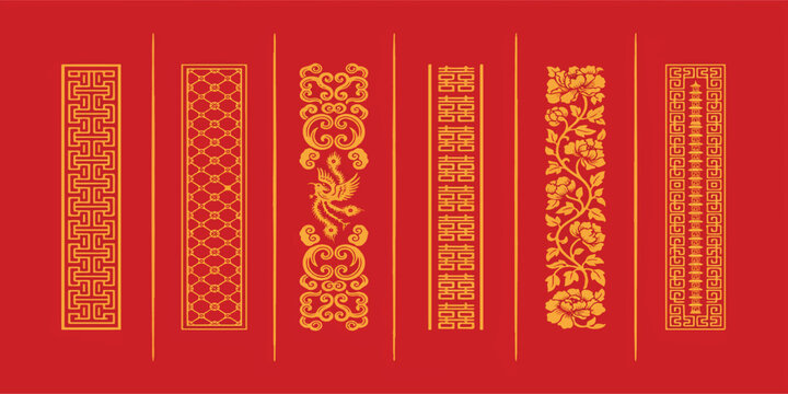 Set of traditional chinese decorative borders and golden patterns on a red background