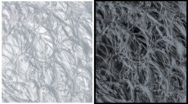 Microscopic fiber structure texture, scanning electron microscope view of synthetic material, abstract organic web pattern in black and white