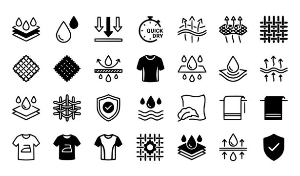 Moisture Management Fabric Icons Collection with Quick Dry and Water Absorption Vector