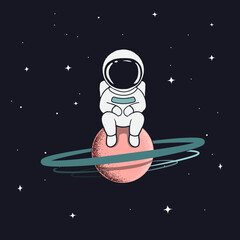 Astronaut sitting on a planet with a ring space background illustration © Eros