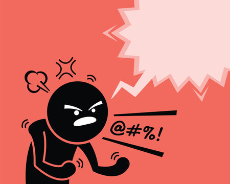 Angry black stick figure shouting with speech bubble of profanity, mad figure