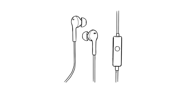 Black and white line drawing illustration of wired earbuds with a microphone and volume control button for audio Vector, illustration