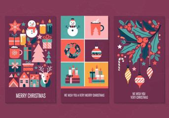 Fototapeta premium Set of three christmas greeting card designs with festive icons