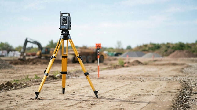 Surveying tripod with total station set up on a construction site. Geodetic equipment for land measurement and civil engineering