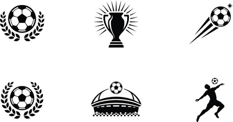 Fototapeta premium Black soccer icons set with trophy and player silhouette