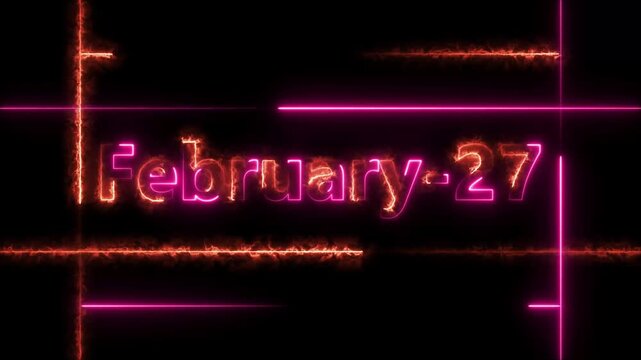 Abstract Neon February 27 calendar date Animation 4k video. Neon bright 27 February date text magenta red color animation. Suitable for event promotion, important.