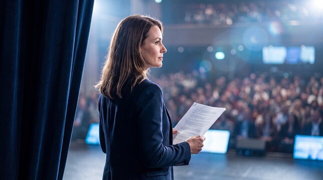 A professional businesswoman stands on a stage behind a curtain, holding notes while preparing to deliver a keynote speech to a large conference audience.