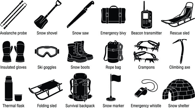 Winter Survival and Avalanche Rescue Equipment Silhouette Vector Icon Set Collection