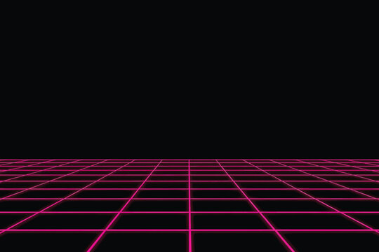 Retro synthwave 3d wireframe perspective grid with neon pink lines.
