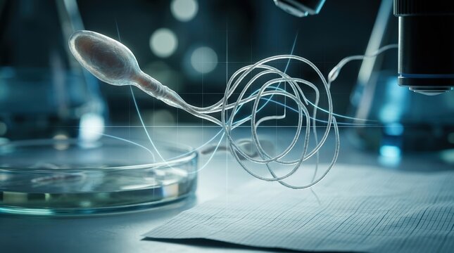 Close-up microscopy-inspired 3D render of oversized Drosophila spermatozoa looping through translucent graph lines and equation curves, with a petri dish, fine grid paper, and blue-tinted lab