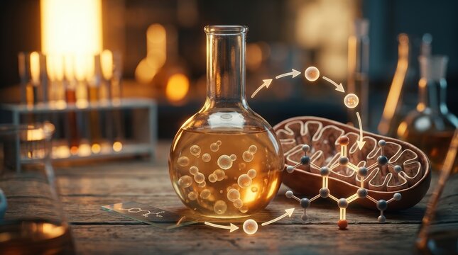 Yeast cells in a fermentation flask sit beside a mitochondrion model, a quinone ring molecular structure, and linked pathway arrows. Warm amber liquid, microscope slide, and enzyme-linked metabolite
