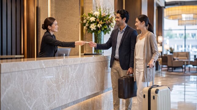 A professional hotel receptionist hands a key card to a smiling couple arriving for their stay in a stylish, upscale modern hotel lobby.