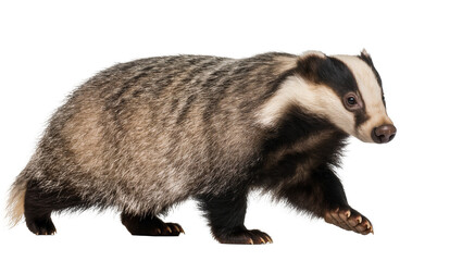 Isolated European badger, a striped mustelid, walking gracefully in a full profile view. © Lucas