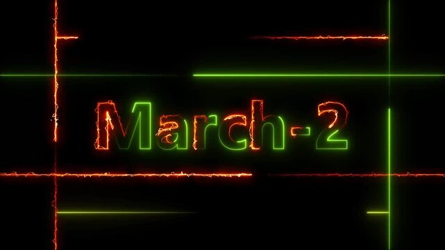 Abstract Neon March 2 calendar date Animation 4k video. Neon bright 2 March date text green color animation. Suitable for event promotion, important.