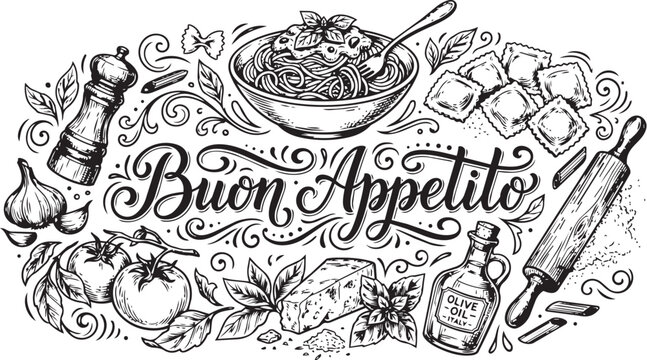 Buon Appetito Italian Pasta Doodle Vector Set with Spaghetti and Ravioli