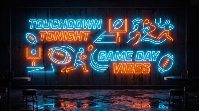 American football neon sign in bar with touchdown tonight game day vibes