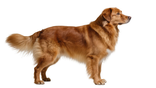 Isolated beautiful reddish-brown golden retriever dog standing in a perfect side profile