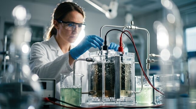 Inside a bright laboratory, a scientist in safety glasses monitors a transparent electrochemical cell with graphite electrodes, nitrate-rich wastewater, bubbling beakers, stainless steel tubing, and a