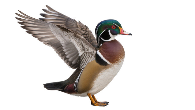 Isolated adult male wood duck displaying vibrant iridescent plumage with wings partially spread