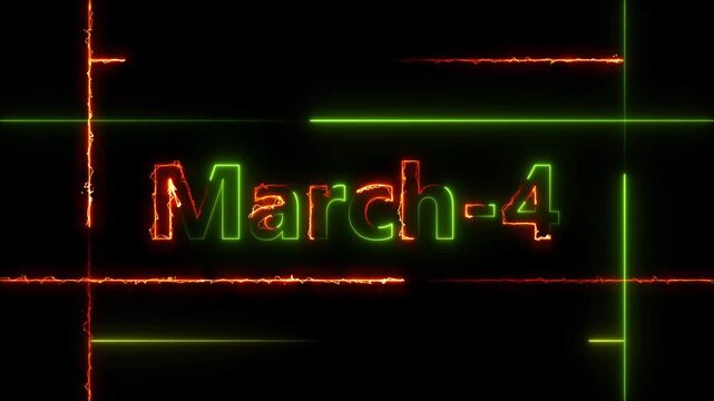 Abstract Neon March 4 calendar date Animation 4k video. Neon bright 4 March date text green color animation. Suitable for event promotion, important.