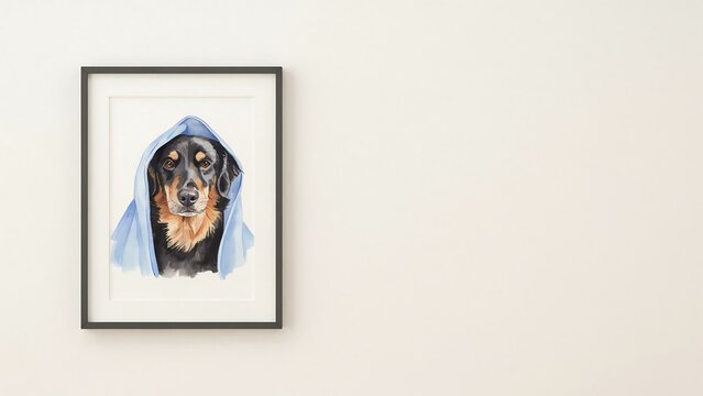 Watercolor portrait of a black and tan dog with a hooded cloak