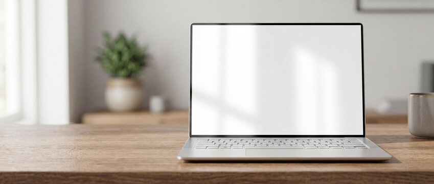 Modern laptop with blank white screen, elegantly placed on a warm wooden desk in a bright, minimalist home office setting, perfect for showcasing website designs, app interfaces