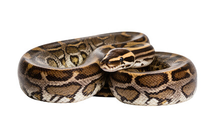 Fototapeta premium Isolated coiled ball python with beautiful intricate skin patterns looking at camera in studio