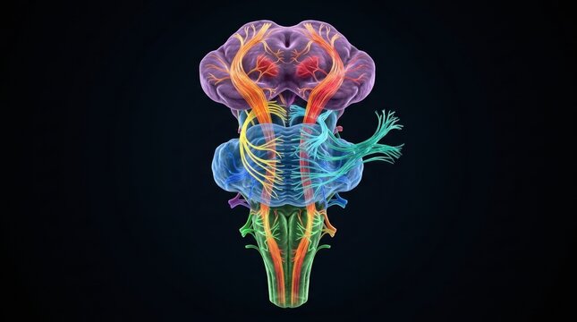 A scientific 3D brainstem visualization shows the medulla oblongata, pons, and midbrain with branching neural tracts, translucent axons, and color-coded fiber pathways on a black laboratory background