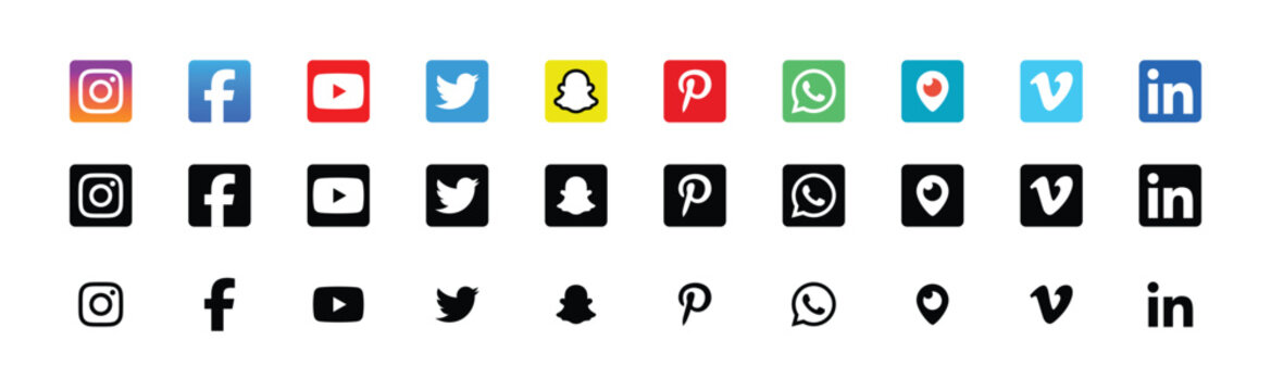 Collection of Popular Social Media Icons in Color Black and White Vector Illustration