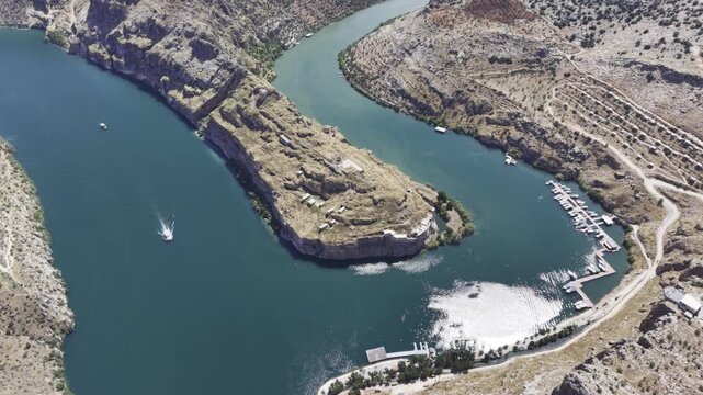 Cinematic Drone Flight Around Rumkale Historic Fortress on the Euphrates River in Gaziantep, Turkey