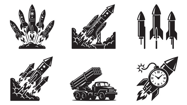 Vintage rocket ship icons and military missile launch set, black and white space shuttle vector illustrations, retro rocket launch graphics