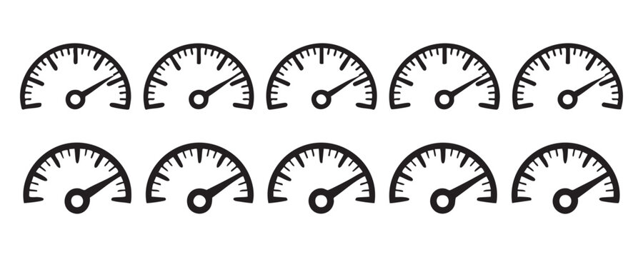 Set of speedometers, black measuring indicators with arrows in different positions, tachometer vector.