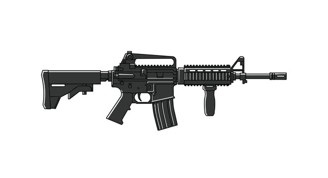 Detailed black and white technical illustration of a modern assault rifle with tactical attachments and an ergonomic grip.