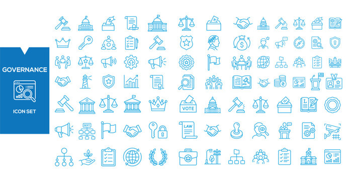 Governance Icon Set: A comprehensive collection of blue line art icons representing various aspects of governance, law, and public administration.