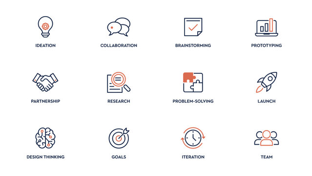 Innovation workshop and design thinking icon collection &ndash; Ideal for creative agency websites, brainstorming workshop slides, or agile training materials.