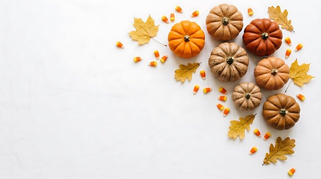 Autumn pumpkins and colorful maple leaves with candy corn on a white background fall arrangement