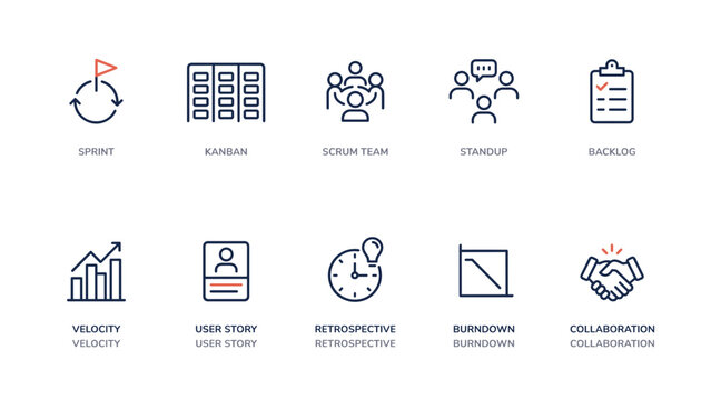 Agile workflow and scrum methodology icons &ndash; Ideal for project management software, development sprint tracking, or tech team portals.