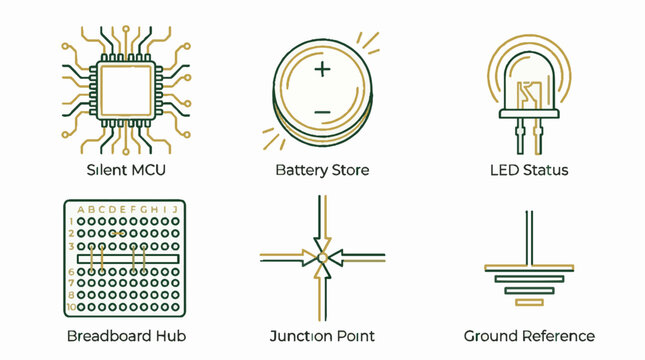 Set of six electronic component icons featuring a microcontroller battery LED breadboard junction and ground symbol in a minimalist line art style
