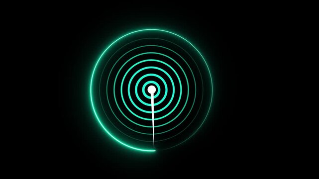 Abstract Radar Screen Technology Animation Futuristic HUD Radar Circle User Interface Target Searching Icon Concept, Simple Radar Scanning Navigation glowing neon radar screen on radio . 4k video.