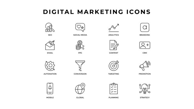 Digital marketing essentials and SEO strategy icons &ndash; Excellent for search engine optimization guides, advertising agencies, or email tool apps.