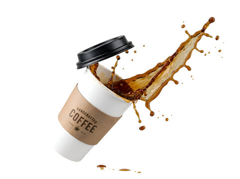 Splashing Hot Coffee Pouring from Paper Cup with Transparent Background