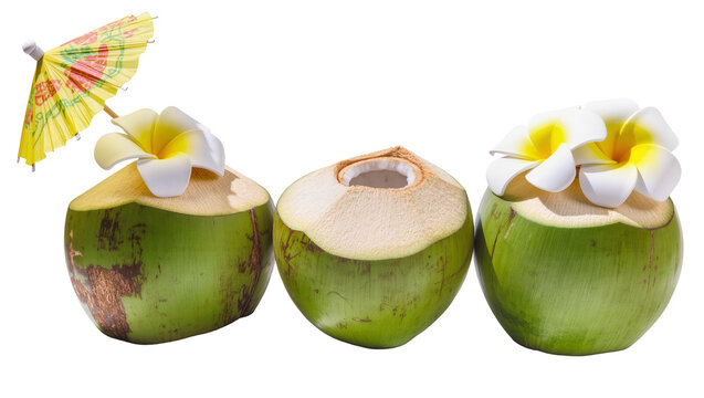 Isolated young green coconuts with tropical flowers and cocktail umbrella for refreshing drinks