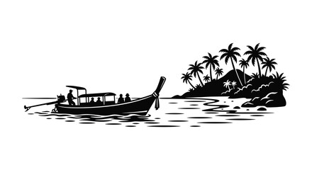 Tropical island scene with boat and palm trees silhouette © Roja